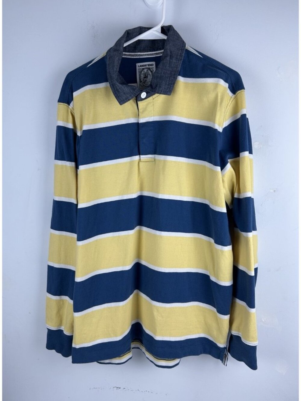 Vintage Lands End Polo Rugby Shirt Men’s L 42-44 Blue Yellow Striped Y2K 90s
